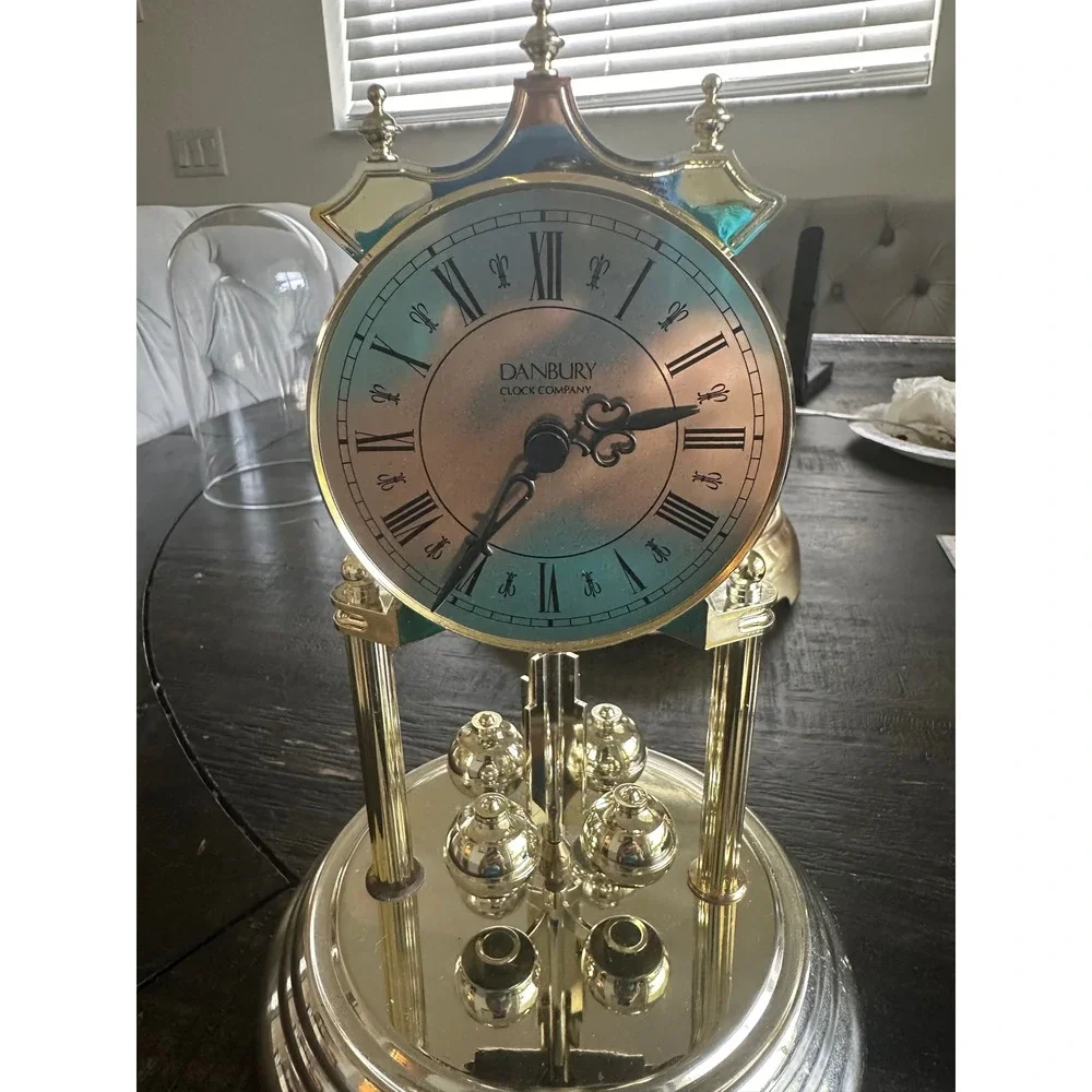 Vintage Danbury Clock Co Anniversary Clock Glass Dome Rotating Pendulum Working